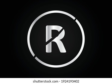 R Silver Letter Logo Design With Circle Swoosh And Silver Metal Texture.