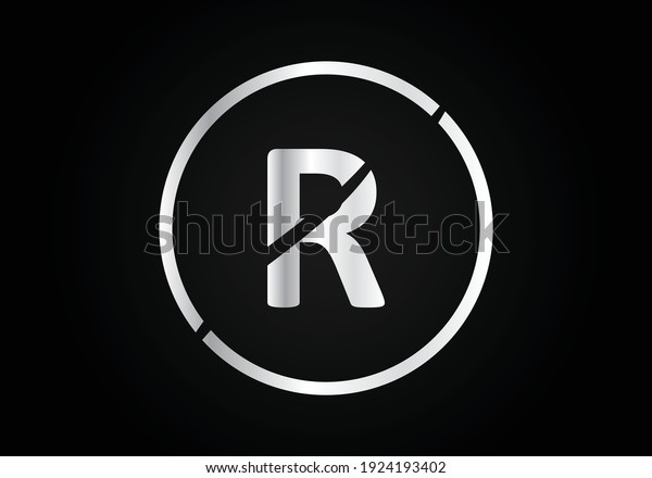 R silver Letter Logo Design with Circle Swoosh\
and silver Metal Texture.
