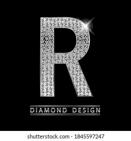 R silver shining Letter with diamonds vector illustration. White gems with light on metallic letter. Stylish luxury type logo for jewelry or casino business.