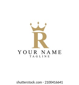 R simple gold monogram alphabet letter logo. Creative icon design with king crown for luxury company and business