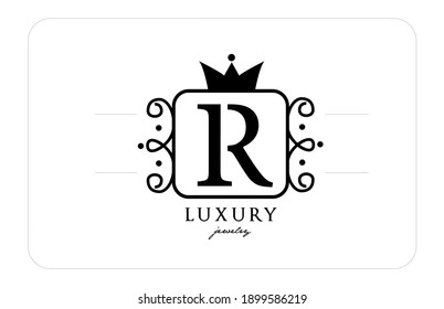 R simple monogram alphabet letter logo in black and white. Creative icon design with king crown for luxury business and company 