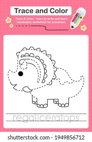 R Tracing word for dinosaurs and coloring trace worksheet for kids to practice writing skills with the word Regaliceraptops 