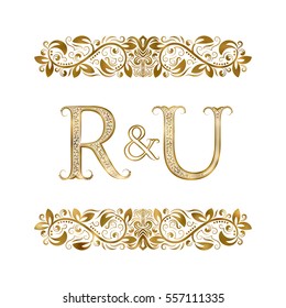 R and U vintage initials logo symbol. The letters are surrounded by ornamental elements. Wedding or business partners monogram in royal style.