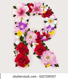 R, vector font with realistic of beautiful tropical flowers on background color.