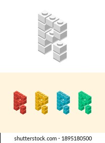 R vector letter with colourful plastic toy brick, isolated isometric 3d childish block font. Perfect for kids labels, birthday and kindergarten posters, school style, children magazines etc.