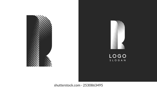 Letra vetorial R. Monograma de contraste afiado greve eclosão diagonal para olhar industrial ainda moderno. Modelo de logotipo em negrito alto. Design de conceito de logotipo para marca em tecnologia, arquitetura, moda