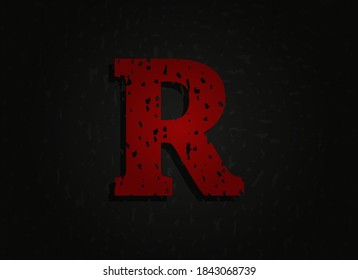 R vector red letter made of grunge texture. Insane Fear brutal font. Wicked night theme style design.  For logo, brand label, poster, design elements etc.   