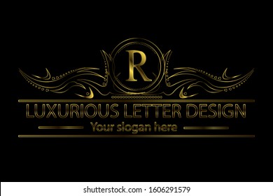 R vintage golden letter. Luxury monogram crest template design vector illustration for logo, brand name, label, cover, invitation, hotel, boutique, shop, company, gold business, jewelry or web page.
