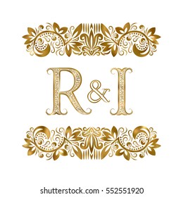 R and I vintage initials logo symbol. The letters are surrounded by ornamental elements. Wedding or business partners monogram in royal style.