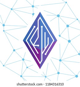R W Initial letter block chain logo icon vector template. Looping mono line circuit letter on rhombus cube logo