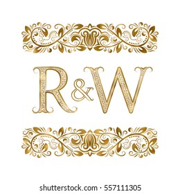 R and W vintage initials logo symbol. The letters are surrounded by ornamental elements. Wedding or business partners monogram in royal style.