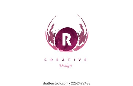 R water brush color letter logo design with hand drawn purple pink color on white background