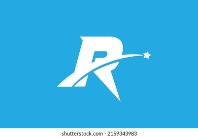 R white alphabet letter logo icon with star. Creative design for company or business on blue background