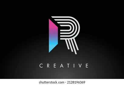 R White Purple Lines Letter Logo. Creative Line Letters Design Vector Template.