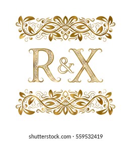 R and X vintage initials logo symbol. The letters are surrounded by ornamental elements. Wedding or business partners monogram in royal style.