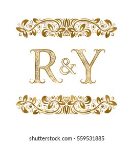 R and Y vintage initials logo symbol. The letters are surrounded by ornamental elements. Wedding or business partners monogram in royal style.