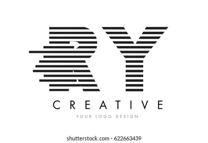 R Y Zebra Letter Logo Design with Black and White Stripes Vector