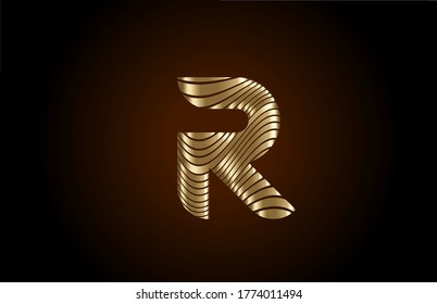 R yellow alphabet letter logo icon for company. Metallic gold line design for luxury coporate identity