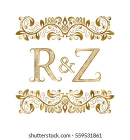 R and Z vintage initials logo symbol. The letters are surrounded by ornamental elements. Wedding or business partners monogram in royal style.