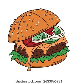 r415Juicy fresh burger with dripping cheese, beef patty, fresh vegetables and soft bun with sesame seeds. American fast food cuisine with ketchup and mustard. Outline food art