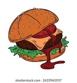 r415Juicy fresh burger with dripping cheese, beef patty, fresh vegetables and soft bun with sesame seeds. American fast food cuisine with ketchup and mustard. Outline food art