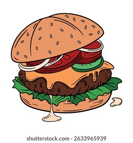 r415Juicy fresh burger with dripping cheese, beef patty, fresh vegetables and soft bun with sesame seeds. American fast food cuisine with ketchup and mustard. Outline food art