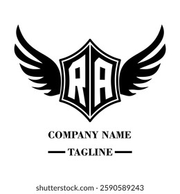 RA bold shield logo with wings, customizable with letters A to Z. Perfect for brands seeking a powerful symbol of strength, freedom, and ambition