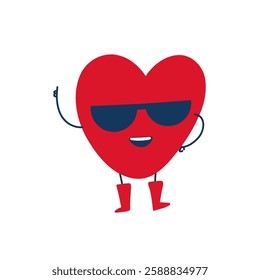 RA cool red heart with arms and legs wearing stylish sunglasses, showing a confident and laid-back attitude. Isolated on a white background in flat-style vector illustration