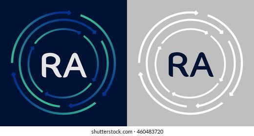 RA design template elements in abstract background logo, design identity in circle, letters business logo icon, blue/green alphabet letters, simplicity graphics
