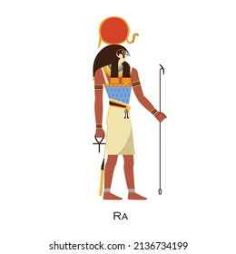 Ra dios, antigua deidad egipcia con disco solar y cabeza de halcón. Vieja figura de personaje de historia con sol. Mitología y religión egipcia. Ilustración vectorial plana aislada en fondo blanco