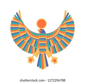 Ra - god, creator, deity or mythological creature depicted as falcon and sun disk. Legendary character from ancient Egypt mythology, culture or religion. Colorful vector illustration in flat style.