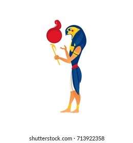 Ra, god of noon life in ancient Egypt religion, flat cartoon vector illustration isolated on white background. Ancient Egyptian god with falcon, hawk head, flat side view full length portrait