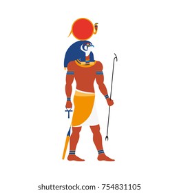 Ra, god of noon sun in ancient Egypt religion, flat cartoon vector illustration isolated on white background. Ra, ancient Egyptian sun god with falcon, hawk head, flat side view full length portrait