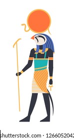 Ra - god of sun, creator, deity or mythological creature with bird, hawk or falcon head holding ankh symbol. Mythological character from ancient Egypt. Colorful vector illustration in flat style.