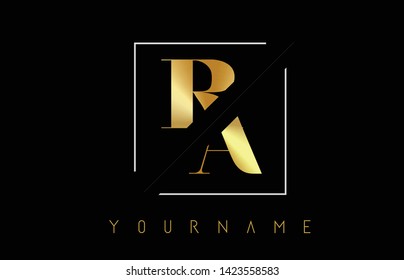 RA Golden Letter Logo with Cutted and Intersected Design and Square Frame Vector Illustration