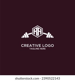 RA initial monogram for fitnes or gym logo with creative shield and barbell design