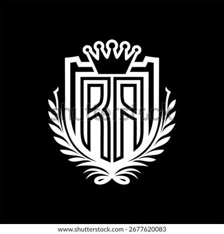 RA Letter logo heraldic shield shape with crown, vintage shield on black background template design