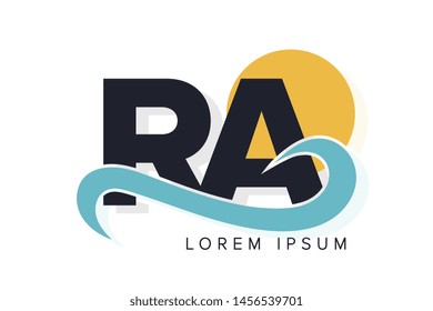 RA letter logo with ocean waves and sunset. Beach concept design