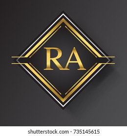 RA Letter logo in a square shape gold and silver colored geometric ornaments. Vector design template elements for your business or company identity.