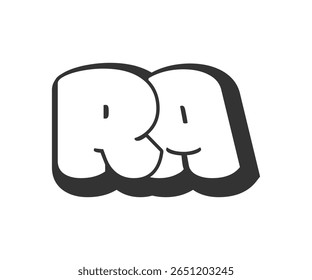 RA logo, bubble comic lettering, rounded in graffiti style black and white silhouette. Trendy preschool R and A letter text for festival party, personal initials, children funky print and web