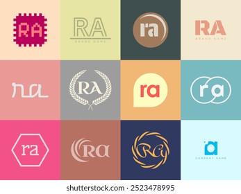 RA logo company template. Letter r and a logotype. Set different classic serif lettering and modern bold text with design elements. Initial font typography. Collection trendy business identity.