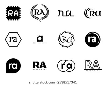 RA Logo Firmenvorlage. Buchstabe r und ein Logo. Setzen Sie verschiedene klassische Serifenschrift und modernen fetten Text mit Designelementen. Erste Schriftarttypografie. Trendige Geschäftsidentität in der Sammlung.