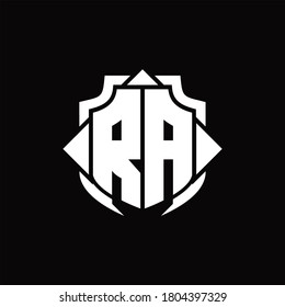 RA logo monogram with shield line and 3 arrows shape design template on black background