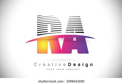 RA R A Letter Logo Design With Creative Lines and Swosh in Purple Brush Color Vector Illustration.