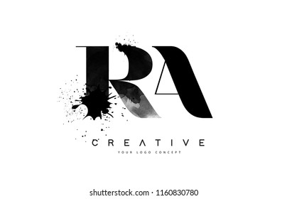 RA R A Letter Logo Design with Black Ink Watercolor Splash Spill Vector Illustration.