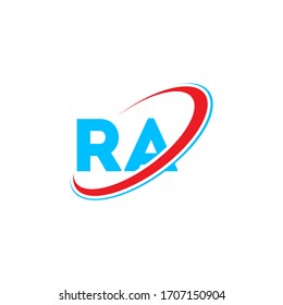 RA R R letter logo design. Initial letter RA linked circle upercase monogram logo red and blue. RA logo, R A design