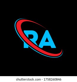 RA R A letter logo design. Initial letter RA linked circle uppercase monogram logo red and blue. RA logo, R A design. ra, r a