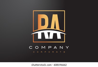 RA R Q Golden Letter Logo Design with Swoosh and Rectangle Square Box Vector Design.