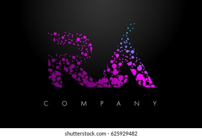 RA R Q Letter Logo with Purple Blue Particles and Bubble Dots Design Vector.