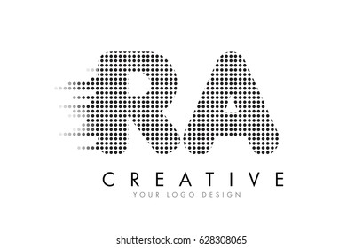 RA R Q Letter Logo Design with Black Dots and Bubble Trails.